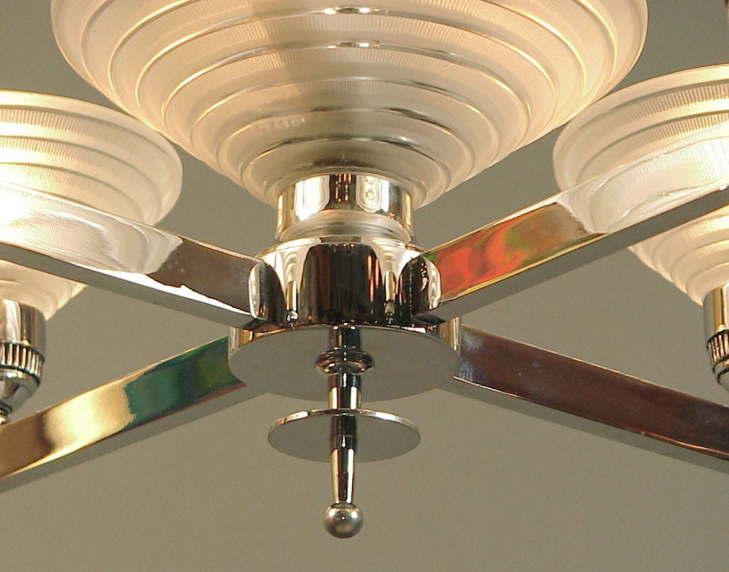 Mid-20th Century French Art Deco Chandelier, Chrome & Modernist Glass by Leleu