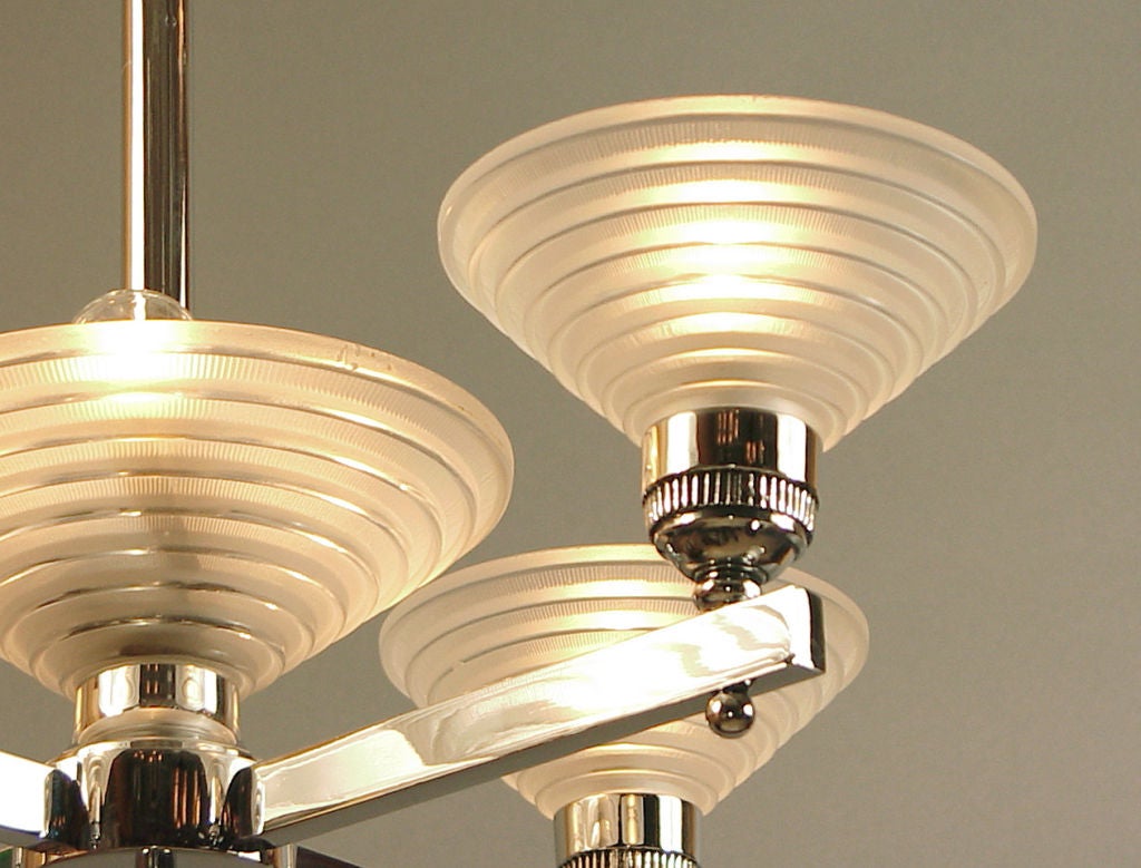 Brass French Art Deco Chandelier, Chrome & Modernist Glass by Leleu