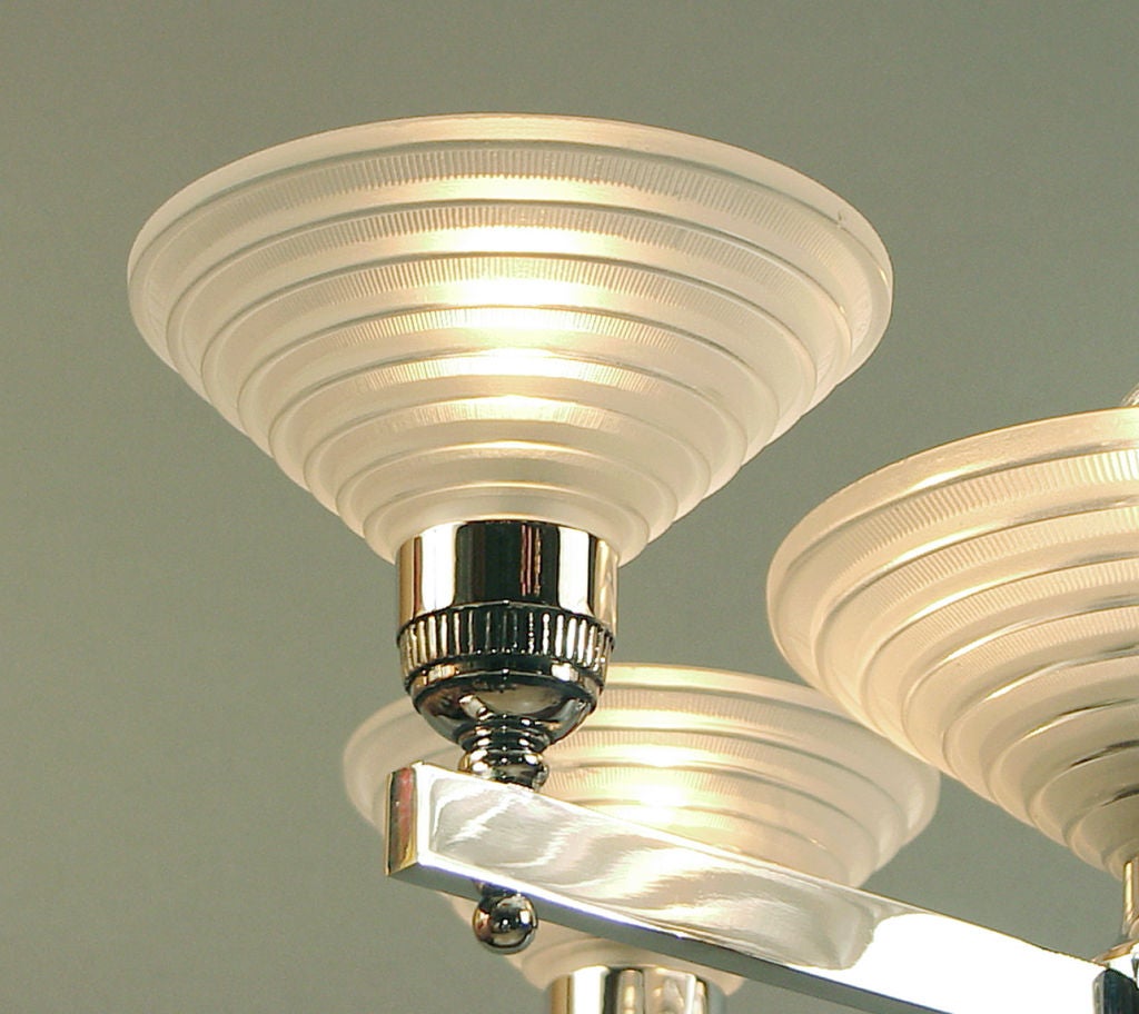 French Art Deco Chandelier, Chrome & Modernist Glass by Leleu 1