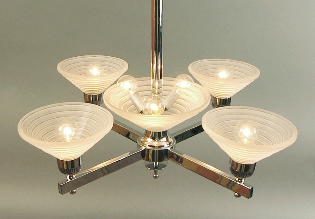 French Art Deco Chandelier, Chrome & Modernist Glass by Leleu 2