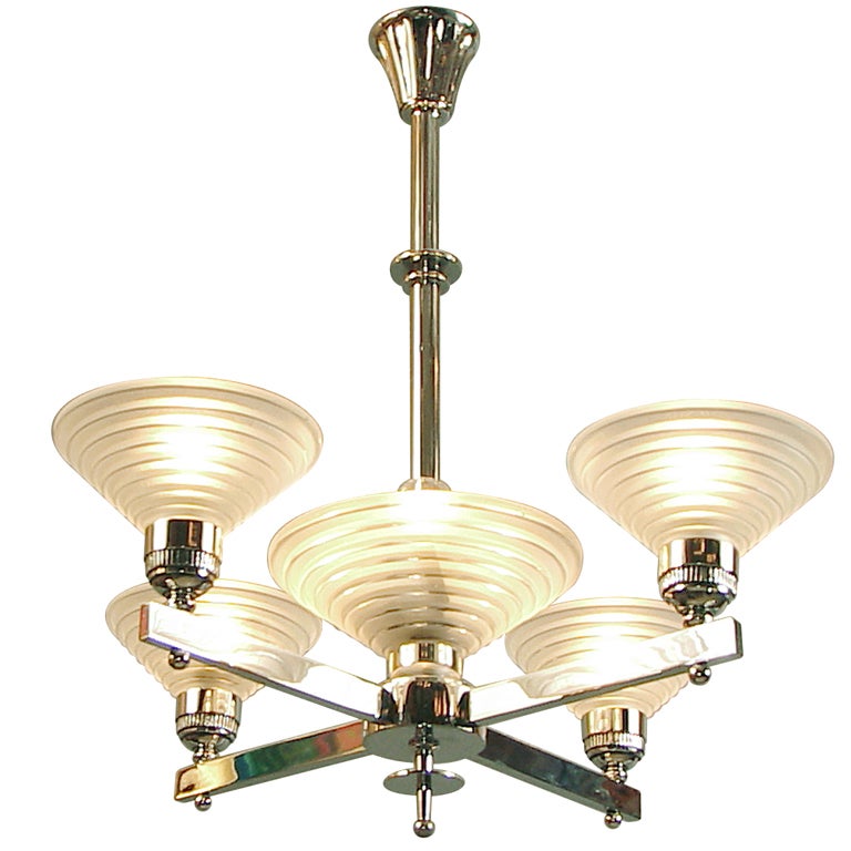 French Art Deco Chandelier, Chrome & Modernist Glass by Leleu