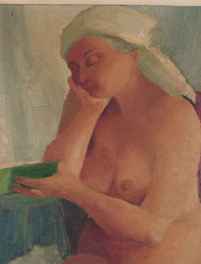 The painter's subject is depicted in a moment of peaceful repose, reading a book after a bath.  The painting has an elegant simplicity typical of many works of the 20s and 30s, and a rich palette of warm colors nicely contrasted with a cooler light