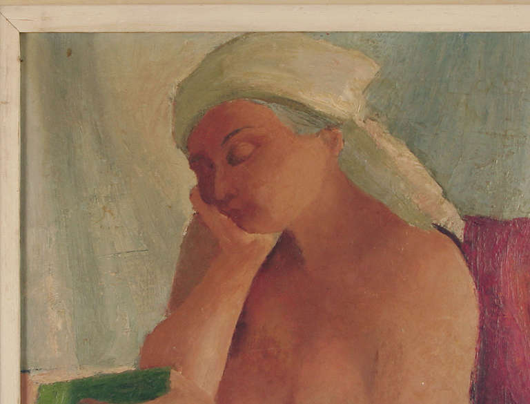 Unknown French (?) Art Deco Oil Painting, Nude Reading a Book For Sale