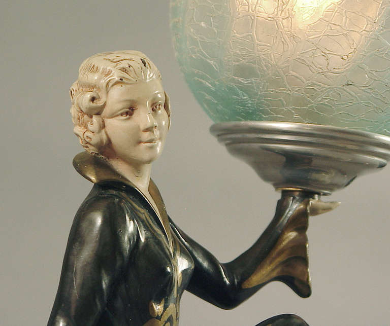 Painted Ultra-cute French Art Deco Lady Lamp, Probably by Uriano