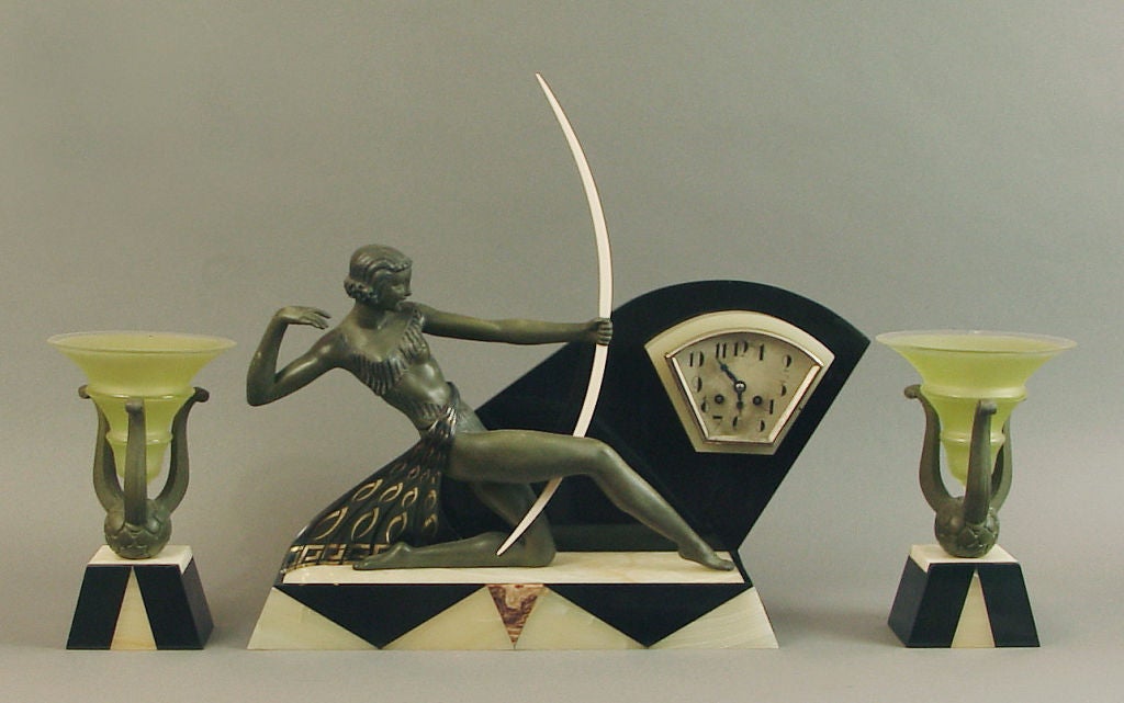Diana the Huntress Sculpture, French Art Deco Clock, Garnitures 6