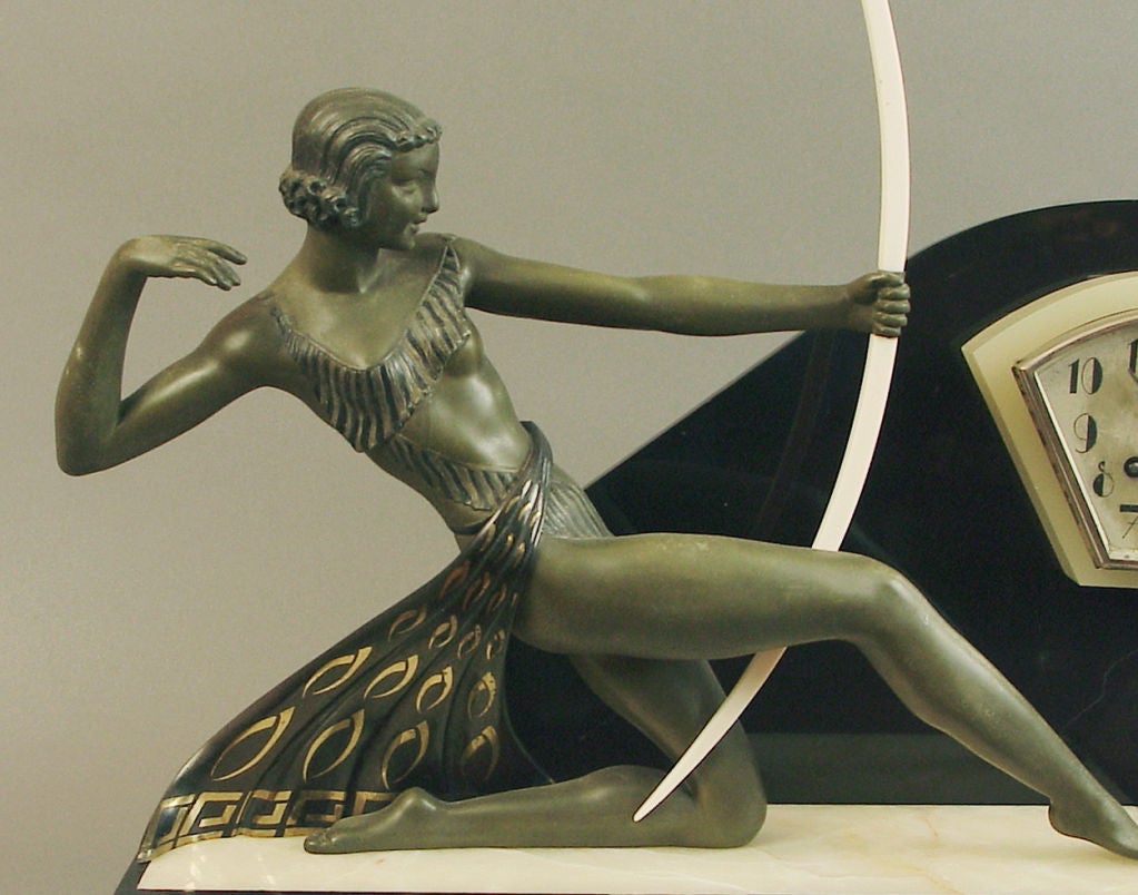 Spelter Diana the Huntress Sculpture, French Art Deco Clock, Garnitures