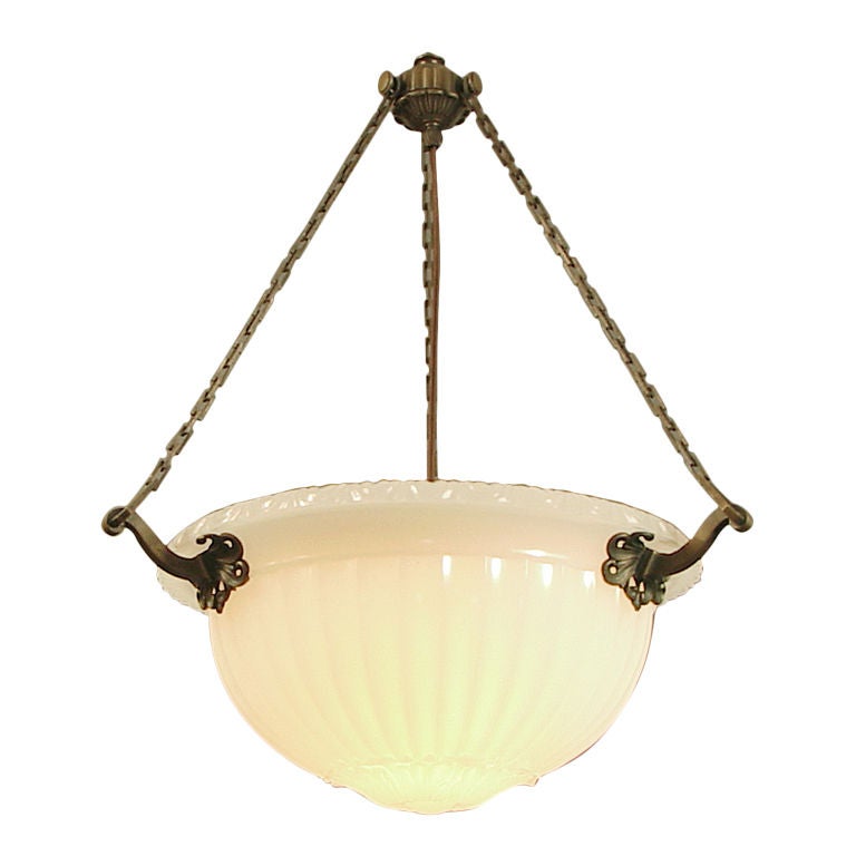 Victorian Lighting Bowl Pendant, Exceptional Nouveau Hardware