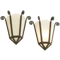 French Art Deco Wrought Iron/Frosted Glass Panel Wall Sconces