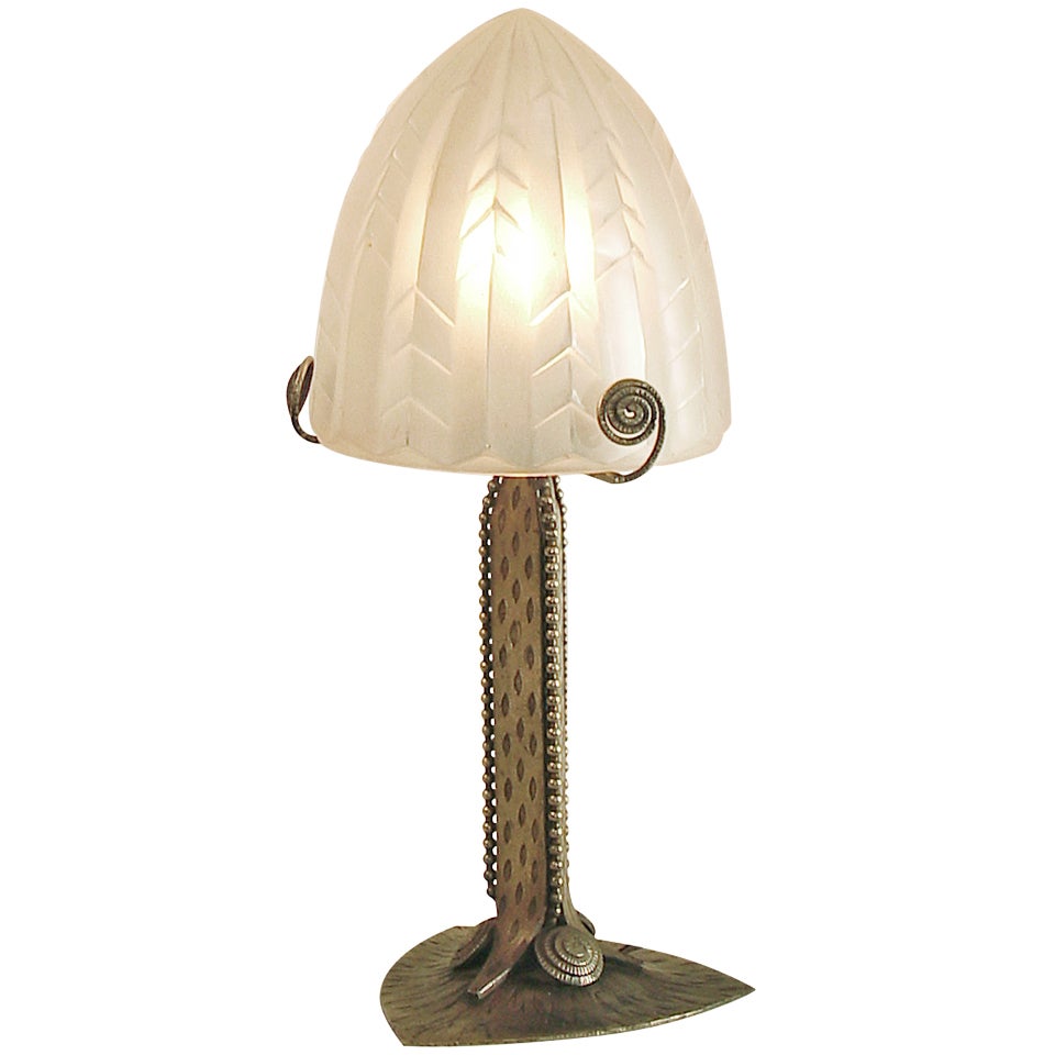 Exceptional Wrought Iron French Art Deco Table Lamp by Degue