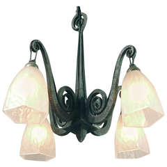 A Hand-wrought Iron French Art Deco Chandelier with Frosted Glass Shades