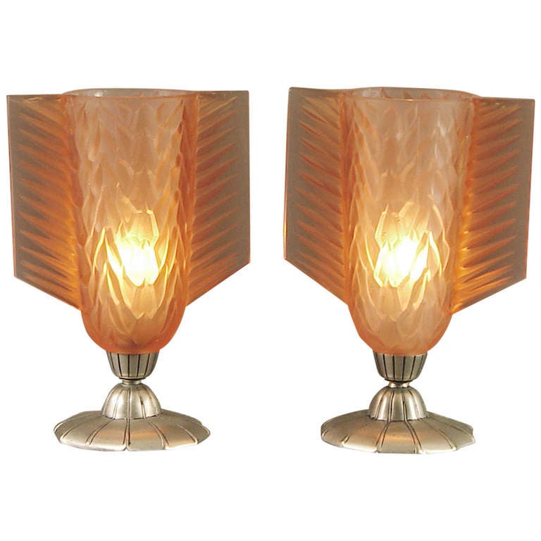Pair of French Art Deco Peach Glass Table/Vanity Lamps by Sabino at 1stDibs