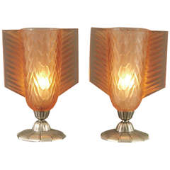 Pair of French Art Deco Peach Glass Table/Vanity Lamps by Sabino