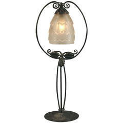 French Art Deco Hand-wrought Iron Table Lamp in the Harp Shape