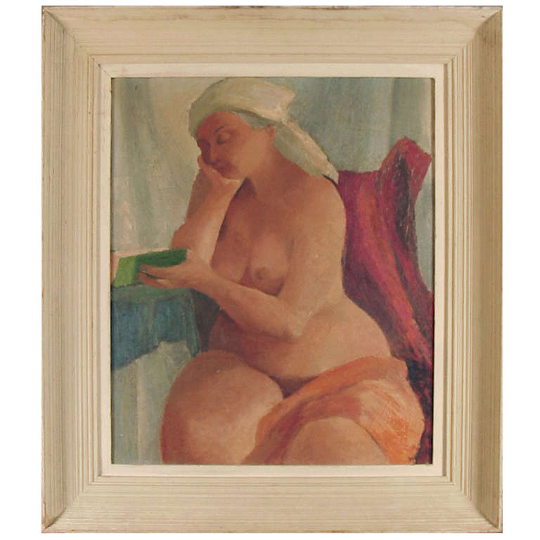 French (?) Art Deco Oil Painting, Nude Reading a Book For Sale