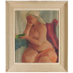 French (?) Art Deco Oil Painting, Nude Reading a Book