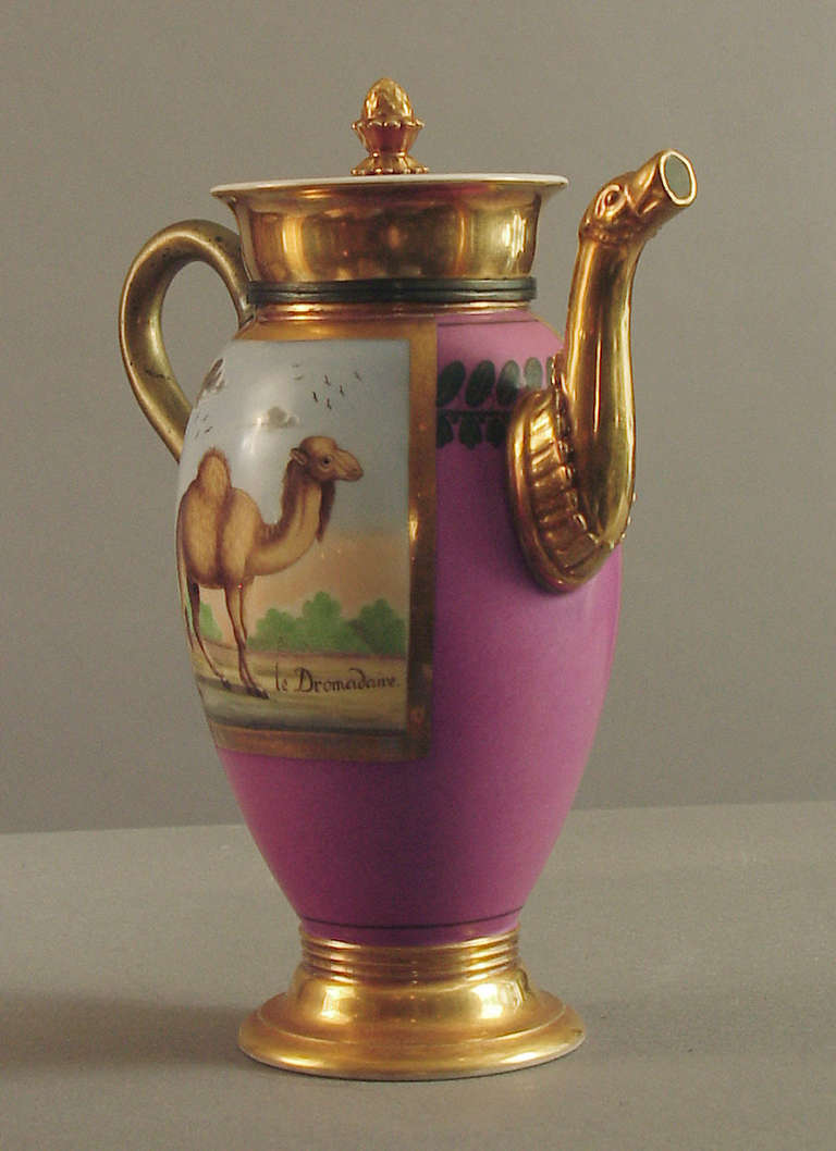 French A Fine Paris Porcelain Tea or Coffee Pot with Camels -- the Handle Replaced For Sale
