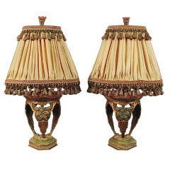 Bronze, Marble, Onyx French Art Deco Lamps with Silk Shades