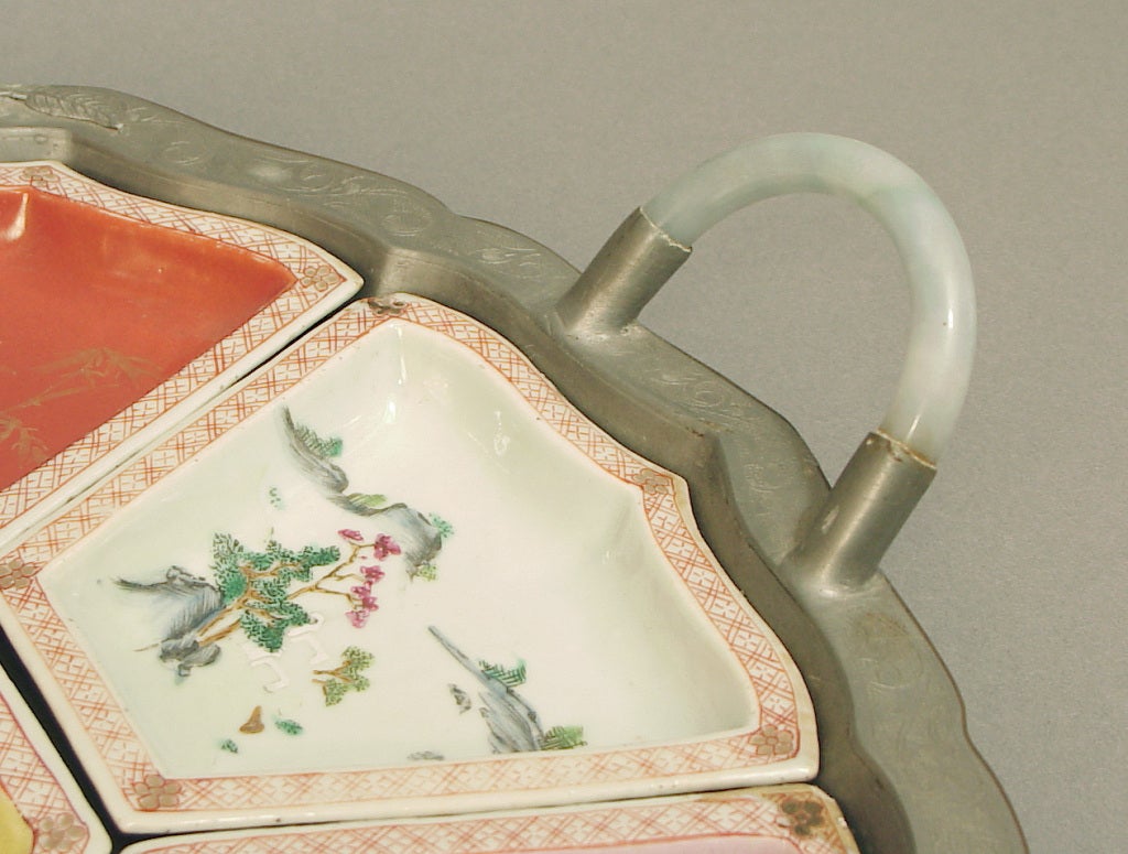 19th Century Chinese Porcelain Sweetmeat Set with Jade Handles, Carnelian