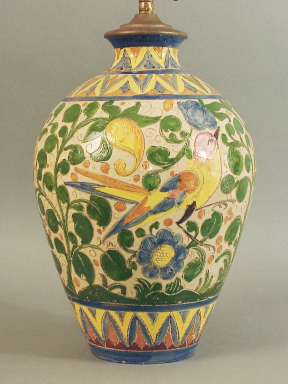 Italian Ceramic Lamp Base with Birds, Flowers, Provencale colors