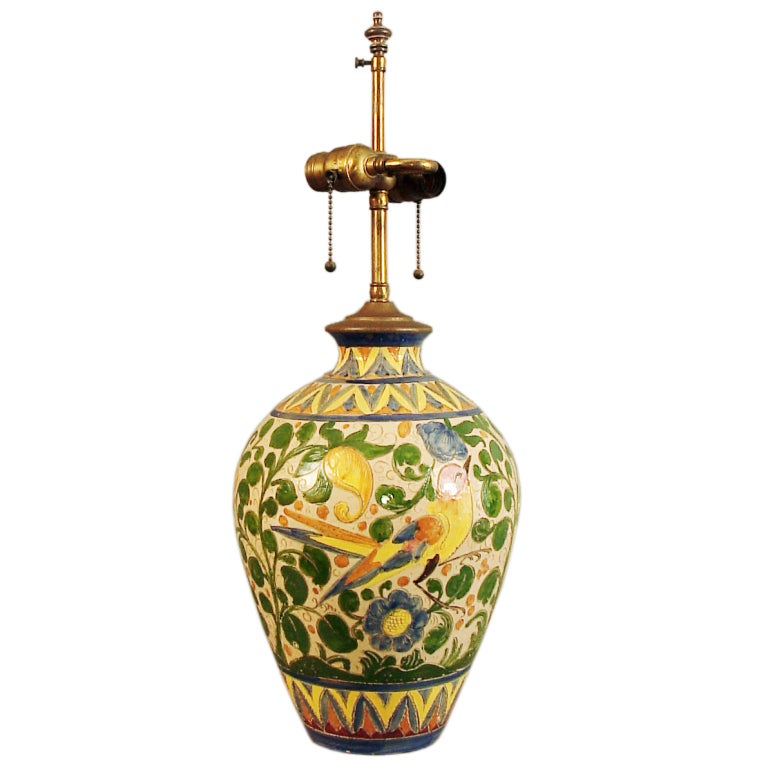 Italian Ceramic Lamp Base with Birds, Flowers, Provencale colors For