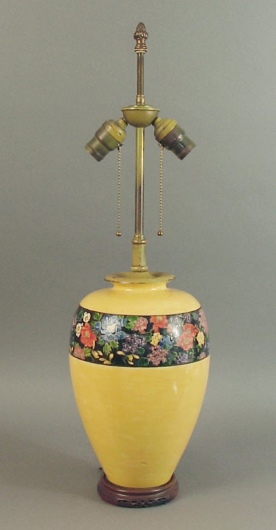Decorated Japanese Porcelain Lamp Base on Wood Stand