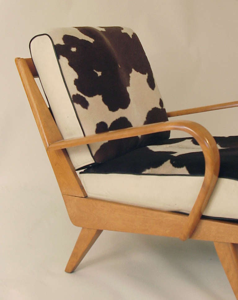 American Cowboy Heaven: Comfy Heywood Wakefield Armchair with Calfskin Cushions For Sale