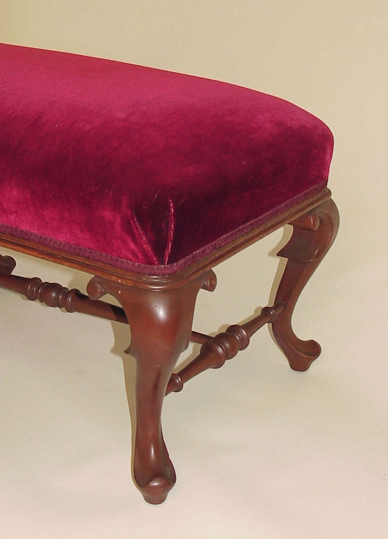 20th Century Victorian Bench or Settee, Refinished and Reupholstered in Red Velvet For Sale