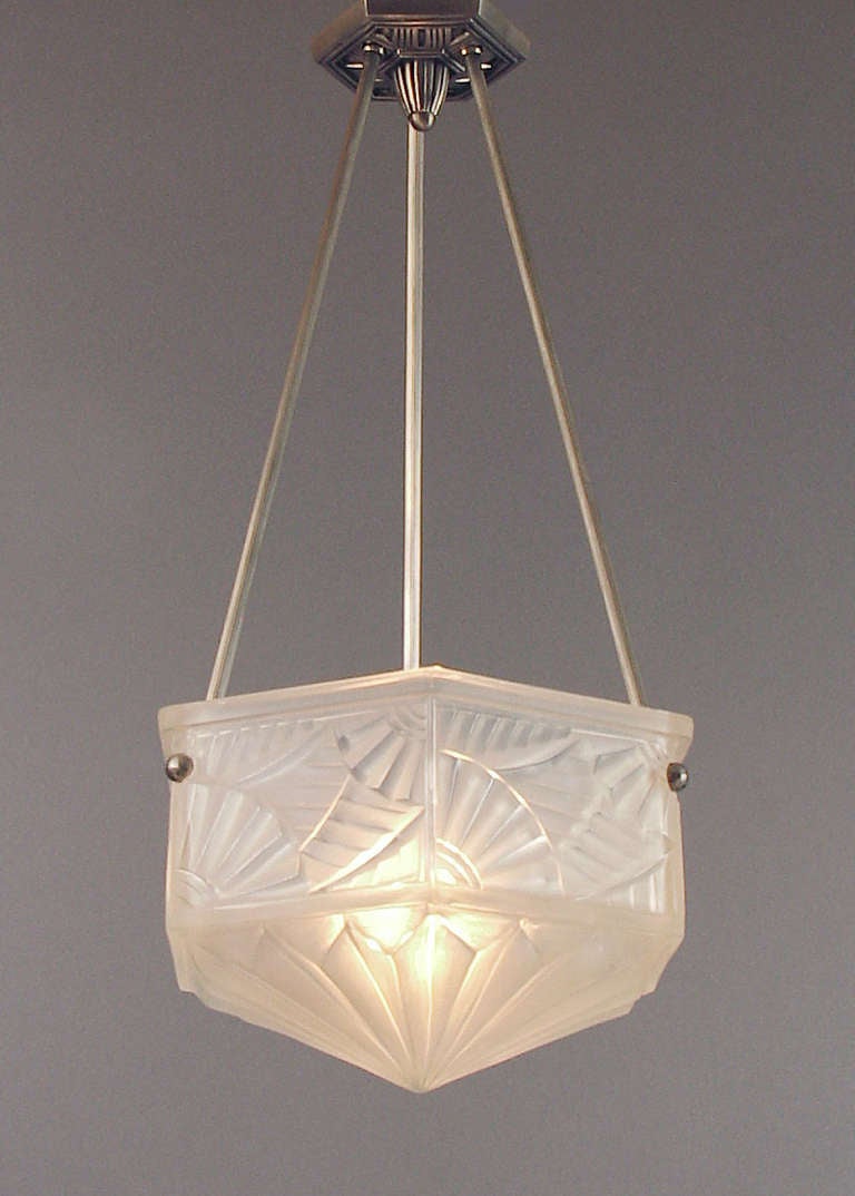 Glass Hexagonal Degué Lighting Bowl/Pendant with Spectacular Art Deco Design Motifs