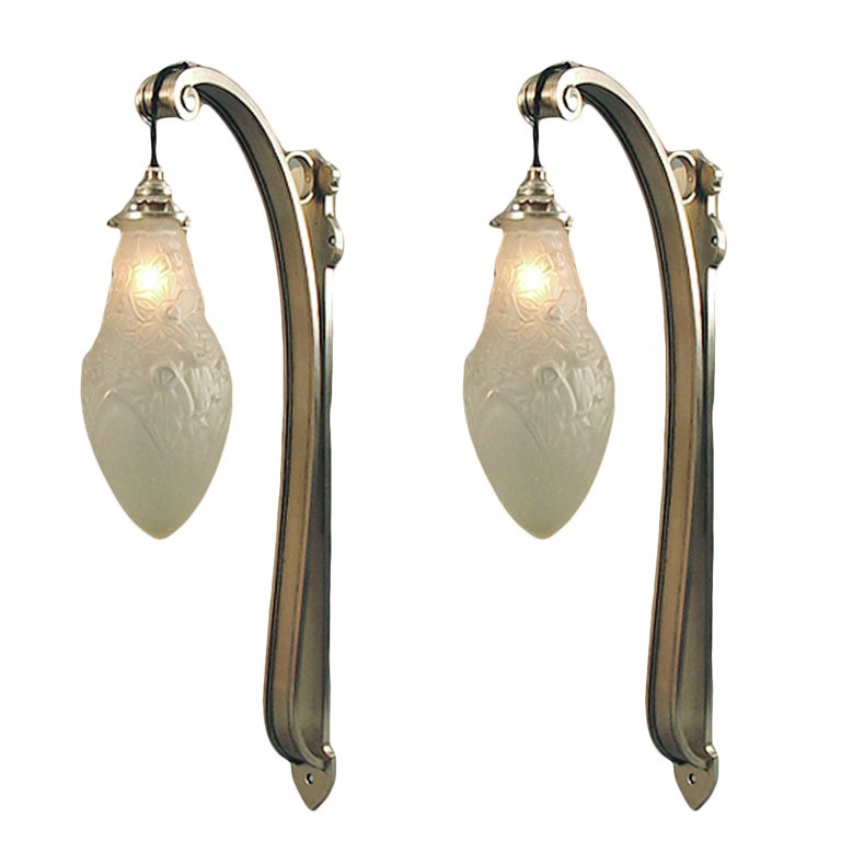 Extraordinary 
Unusual French Art Deco Wall Sconces in Nickel