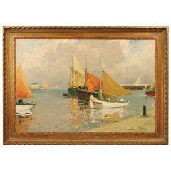 Vintage Oil Painting, Mediterranean Sailboats, Paul-Emile Lecomte