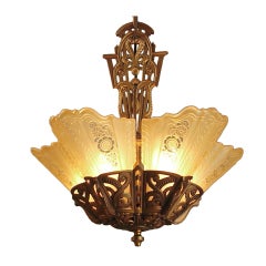 (Truly) Gorgeous Art Deco Chandelier by Lightolier, Gold & Amber