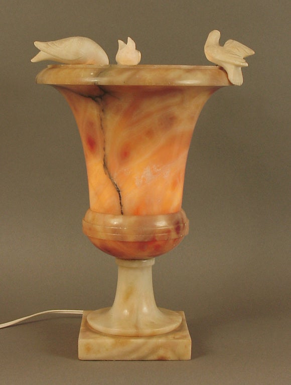 French Art Deco Alabaster Table Lamp with Birdbath Motif For Sale 2