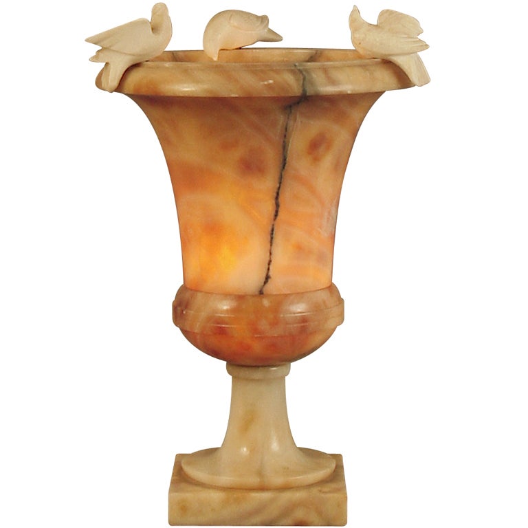 French Art Deco Alabaster Table Lamp with Birdbath Motif For Sale