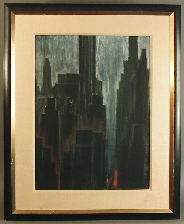 American Mid-Century Cityscape Painting, Oil on Board by Raphael, 1960