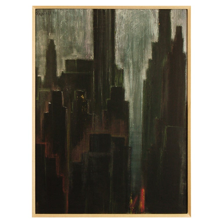 Mid-Century Cityscape Painting, Oil on Board by Raphael, 1960