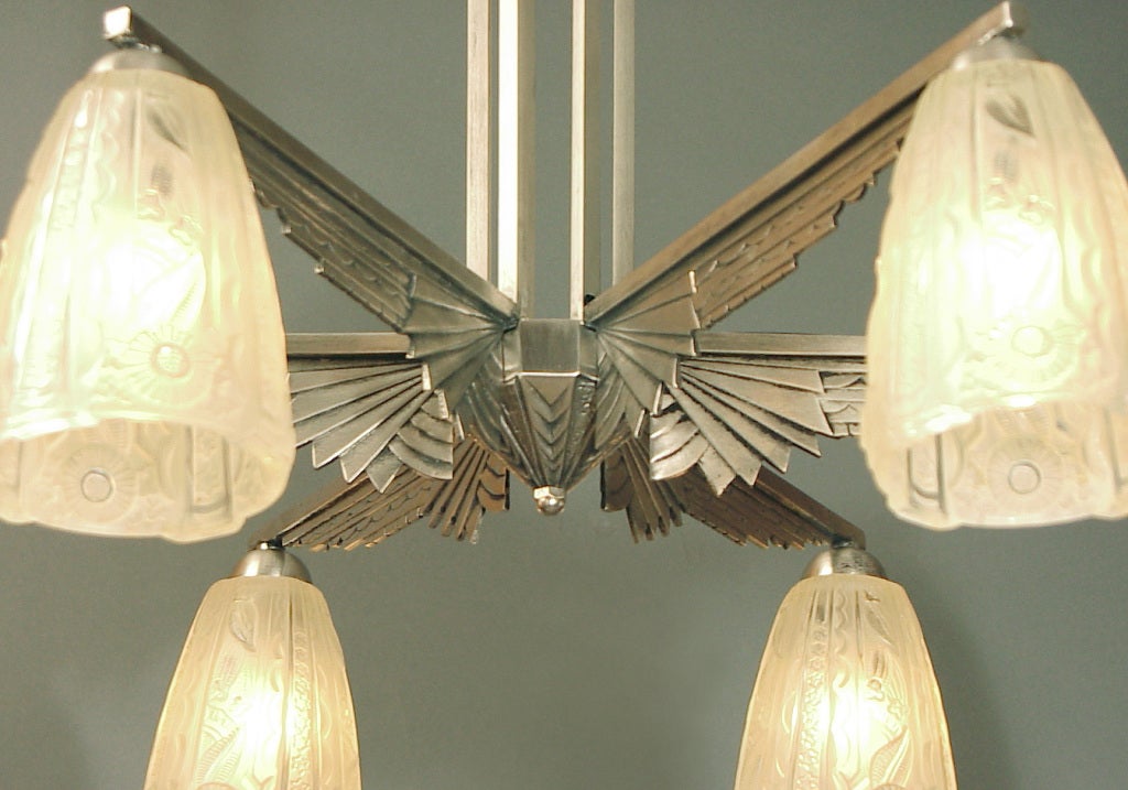 Riot of Geometry!!  French Art Deco 6-light Nickel Chandelier In Excellent Condition In San Francisco, CA