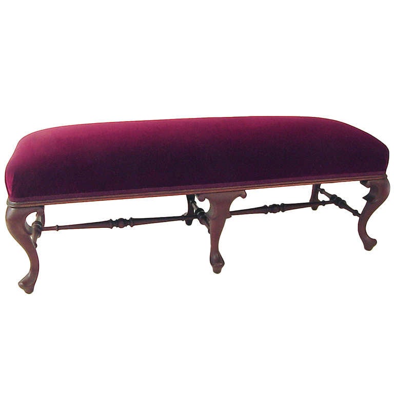 Victorian Bench or Settee, Refinished and Reupholstered in Red Velvet For Sale
