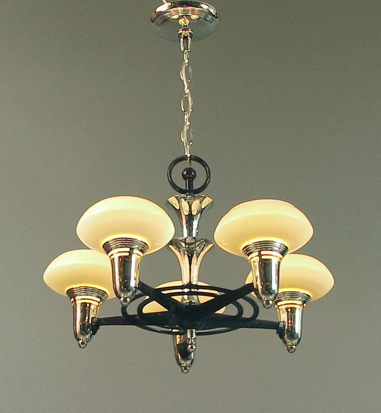 Tops American Art Deco 5-light Chandelier verging on the Modernist! In Excellent Condition In San Francisco, CA