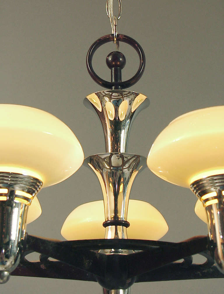 Glass Tops American Art Deco 5-light Chandelier verging on the Modernist!