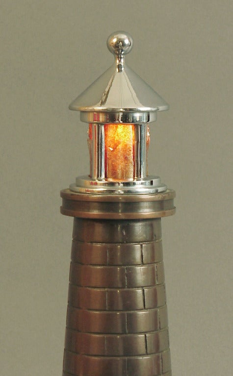 American Solid Bronze Art Deco Lighthouse Lamp with Chrome Top