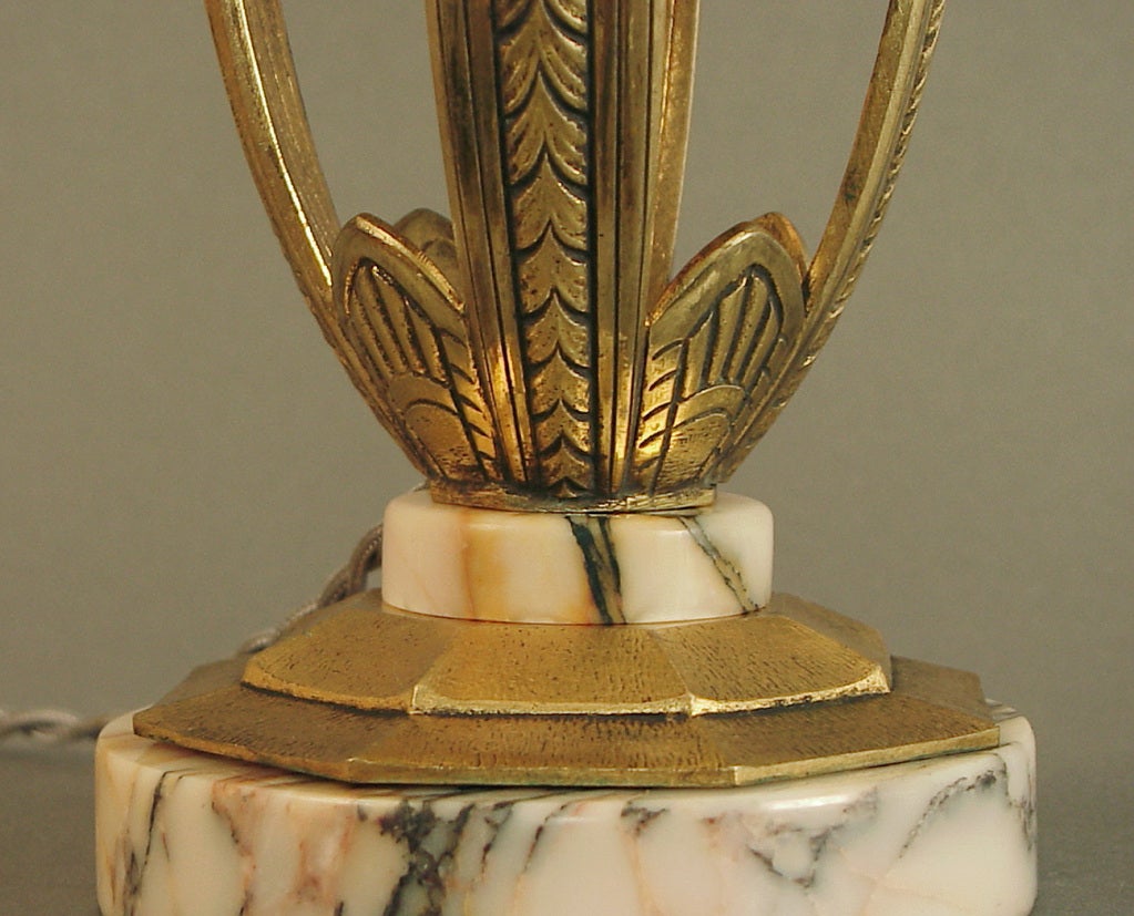 20th Century Gilded Bronze/Marble French Art Deco Table Lamp Schneider Shade