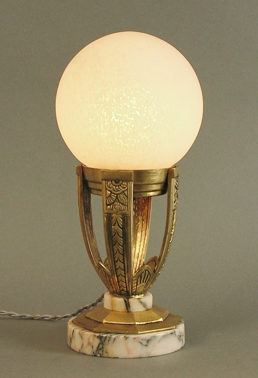 Gilded Bronze/Marble French Art Deco Table Lamp Schneider Shade 2
