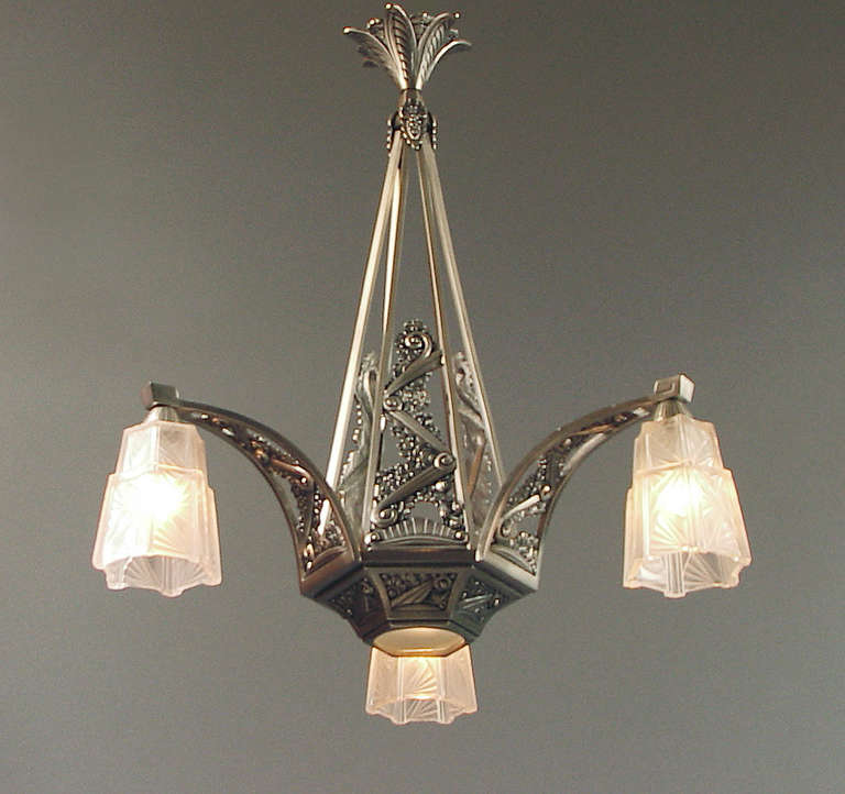 How much better does it get?  Answer: in this realm of French Art Deco chandeliers Circa 1925, NONE!  A most unusual configuration, fabulously well-designed and decorated, insanely beautiful signed shades by J. Robert, and top-notch components: