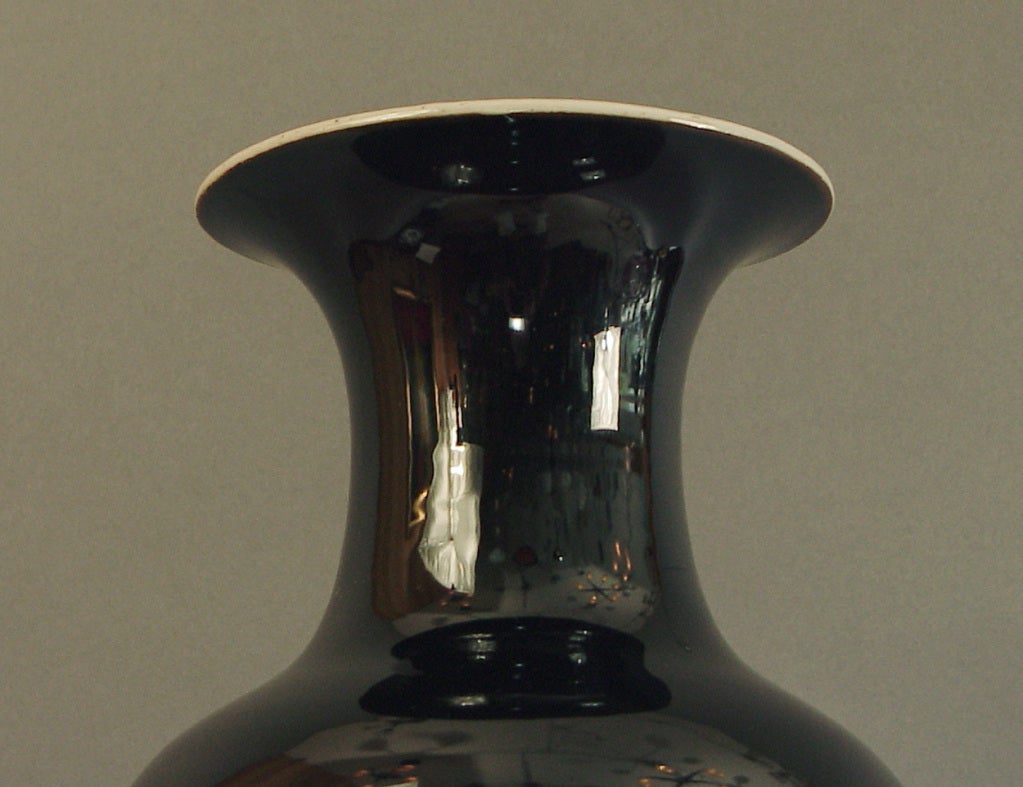 Tall Chinese Mirror Black Porcelain Vase/Lamp, Baluster Form In Excellent Condition In San Francisco, CA