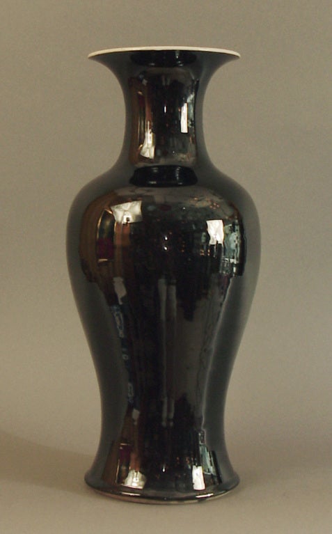Tall Chinese Mirror Black Porcelain Vase/Lamp, Baluster Form 3