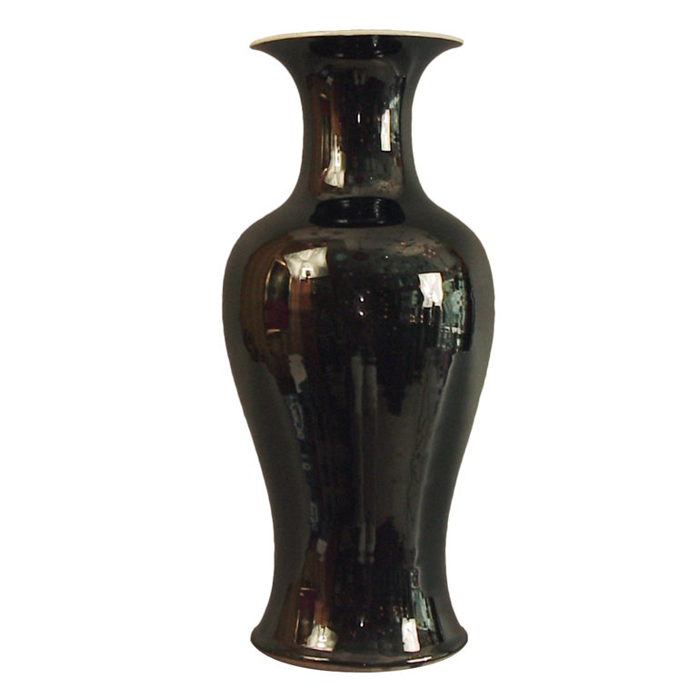 Tall Chinese Mirror Black Porcelain Vase/Lamp, Baluster Form