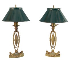 Pair of Solid Brass/Bronze French Directoire Lamps Enamel Shades