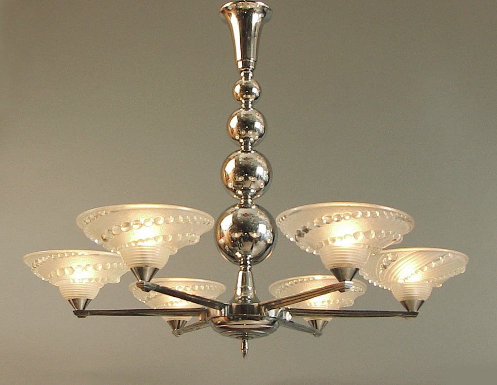Chrome-Plated Sphere Chandelier, French Art Deco/Moderne, Jacques Adnet?