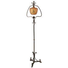 Antique American Wrought Iron Floor Lamp with Harp and Parrot Shade