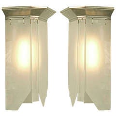 Antique French Art Deco Wall Sconces with Dangling Frosted Glass Panels